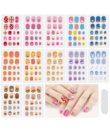 JSRQT 12 Sheets Colorful Nail Stickers Cute Cartoon Full Wrap Nail Art Stickers Decals Kids Girls Self Adhesive Nail Polish Stickers with Nail File Nail Stickers Strip with Rainbow Heart Unicorn