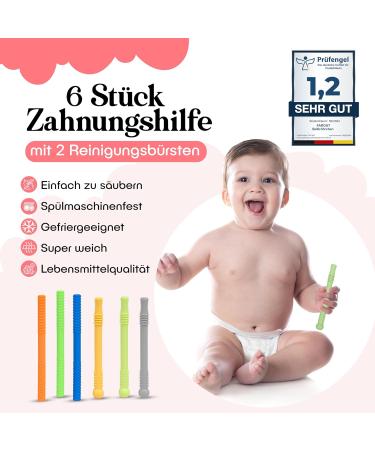 Bite Tube Set - 6 BPA-Free Silicone Dental Aids with 2 Cleaning Brushes for Baby Teething - Grayling & Violet Root Colors - Buy Online on SooperMarket.com