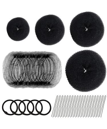 Hair Donut Bun Maker, FANDAMEI Hair Bun Shaper Set with 20 pcs Invisible Hair Nets for Bun, 4pcs Donut Bun Maker, 5 pcs Hair Elastic Bands, 20 pcs Hair Bobby Pins(Black) B-Black
