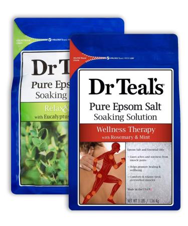 Dr. Teal's Salt Bath Soak Variety Gift Set (2 Pack 3lbs Ea.) - Relax & Relief Eucalyptus & Spearmint & Wellness Therapy Rosemary & Mint - Blended with Pure Epsom Salt - Relieve Stress at Home