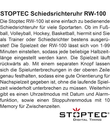 Stoptec RW-100 Referee Watch | 1-99 Minute Timer | Play Time Interruption | Clock & Alarm | 10 Memory Functions - Shop Internationally - Buy Online on SooperMarket.com