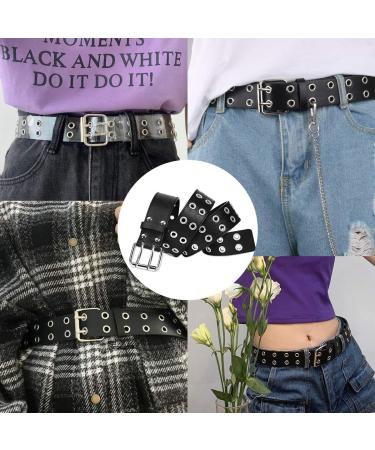 XZQTIVE Double Grommet PU Leather Belt | Wide 1.5 Inch | 01 Black | Fits 22-35inch Pants | Unisex Punk Metal Jean Belt - Buy Online on SooperMarket.com