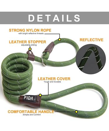 Fida Slip Rope Dog Lead - 1.8m One-Size-Fits-All Leash | Easy Slip-On Design, Reflective Stitching, Durable Climbers Rope - Large Green (1.3cm x 1.8m) - Buy Online on SooperMarket.com
