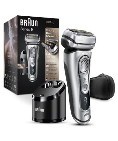 Braun Electric Razor for Men With Precision Beard Trimmer, Rechargeable, Wet & Dry Foil Shaver, Clean & Charge Station & Travel Case, Silver, 3 Piece Set 9370cc