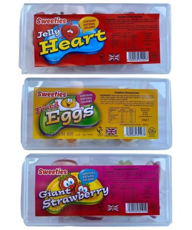 Sweeties Food Sweet Candy Set of 3. Giant Strawberry Fried Eggs and Jelly Hearts 3 x 200g tubs with Tweezers