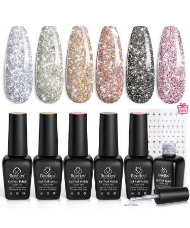 beetles Reflective Glitter Gel Polish 6 Colors Sparkle Gel Nail Polish Set Diamond Shine Silver Black Gold Holographic Glitter Gel with Nail Art Stickers Soak off Uv LED Manicure Gifts for Women 4-2-6 Colors Diamond Shine Gel Polish