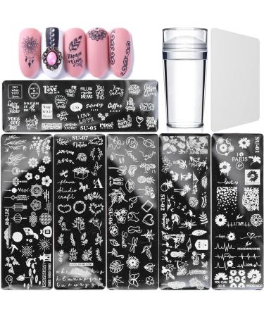 Luvadeyo Pack of 6 Nail Stamping Plates Nail Stamping Stencils Nail Art Plates with 1 Transparent Stamp 1 Piece Scraper Nail Art Tool for Women Girls