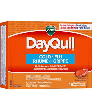 Vicks DayQuil Cold and Flu Medicine Cough Suppressant Nasal Decongestant Pain & Fever Reducer Non-Drowsy Formula 16 Liquid Capsules 16 Count - Buy Online on SooperMarket.com