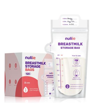 Nuliie 120 pieces of temperature-sensitive discoloration breast pagana bag 180ml BPA-free and spout-proof breast milk storage with outputs for breastfeeding invadable space-saving 120 pieces (1 Pack)