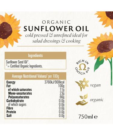 Biona Organic Sunflower Oil 750ml - Cold Pressed & Unrefined - From Organic Sunflower Seeds - Nutty & Golden - For Dressings & Low Temperature Cooking - Buy Online on SooperMarket.com