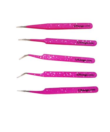 Eyelash Extension Tweezers Set of 5 - Professional Stainless Steel with Travel Case - Pink Effect