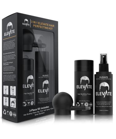ELEVATE Hair Perfecting 3-in-1 Kit Set Includes Natural Hair Thickening Fibers & Spray Applicator Pump Nozzle & Locking Setting Hold Hair Spray | Instantly Conceal Thinning Balding Hair Areas (Black)