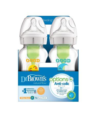 Dr. Brown's Natural Flow Anti-Colic Options+ Wide Bottles 9 oz 4 Pack - Level 1 Slow Flow Nipple - Good Morning/Good Night Gift Set - Buy Online on SooperMarket.com