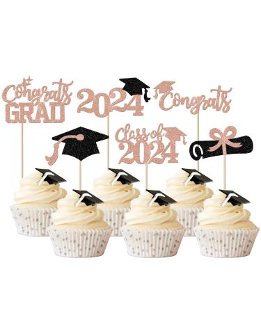 Rsstarxi 24 Pack Class of 2024 Cupcake Toppers 2024 Graduation Congrats Grad Diploma Cap Cupcake Picks Decors for So Proud of You 2024 Graduation Theme Party Cake Decorations Rose Gold