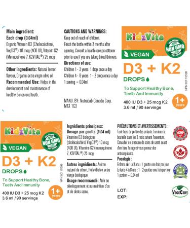KidzVita - Organic Vegan Vitamin D3 & K2 Drops 400 IU - Support Healthy Bone Teeth and Immunity - Children s Multivitamin For 1 to 8 Years Old 3.6 ML 90 Servings - Buy Online on SooperMarket.com