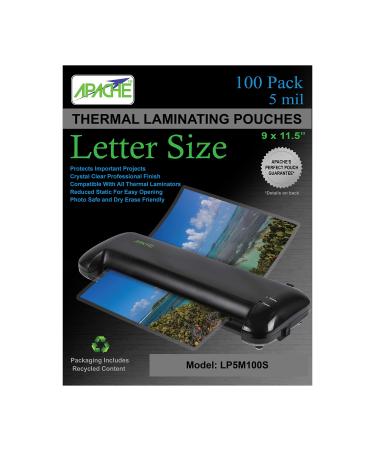 Apache Laminating Pouches 5 mil, for 8.5 x 11 inch Letter Size Paper 9 x 11.5 inch Sheets, 100 Pack 5mil, Letter, 100 Pack