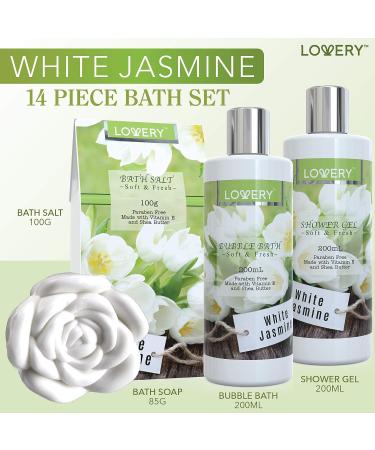 Fathers Day Bath and Body Gift Basket - White Jasmine Scented Home Spa Set for Women & Men | 14 Piece Set with Bath Bombs, Body Lotion, Rose Soaps, and Cosmetics Bag - Buy Online on SooperMarket.com