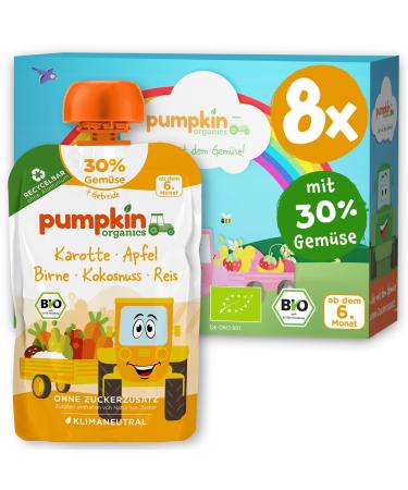 Pumpkin Organics Bio Vegetable Cereal Quetschies 8 Pack Carrot Apple Birne Coconut Rice Without Sugar Addiction - Baby Food for Babies from the 6th month - Gluten -free & vegetarian (8x100g)