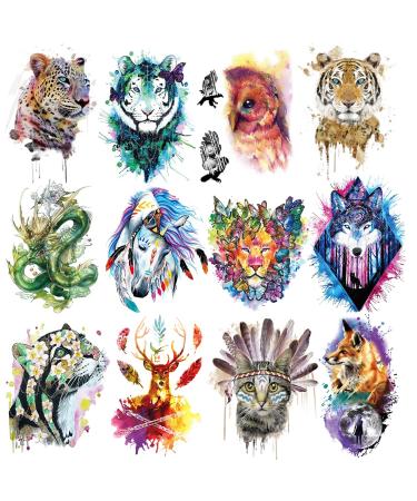 Oottati 12 Sheets Large Temporary Tattoos - 21x15cm Flower Arm Watercolor Hand Paint ink Leopard Tiger Owl Dragon Horse Lion Wolf Deer Cat Fox For Men and Women