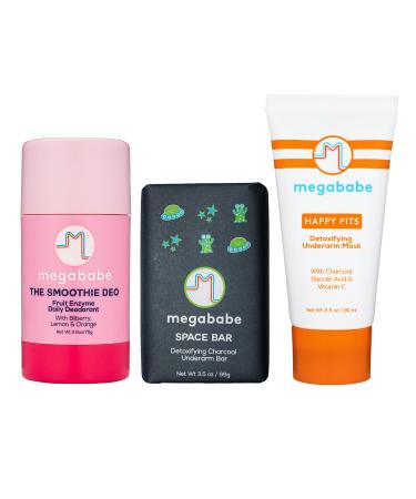 Megababe Ultimate Underarm 3-Piece Bundle - Smoothie Deo Daily Deodorant 2.6 oz Space Bar Detox Soap 3.5 oz & Happy Pits Underarm Mask 3 fl oz | Odor Protection Aluminum Free