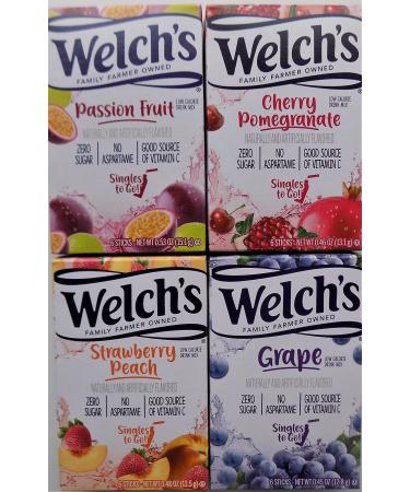Variety Pack Welch's Singles to Go Flavored Drink Mix - Passion Fruit - Cherry Pomegranate - Strawberry Peach - Grape - Pack of 4, 6 Count (Pack of 4)