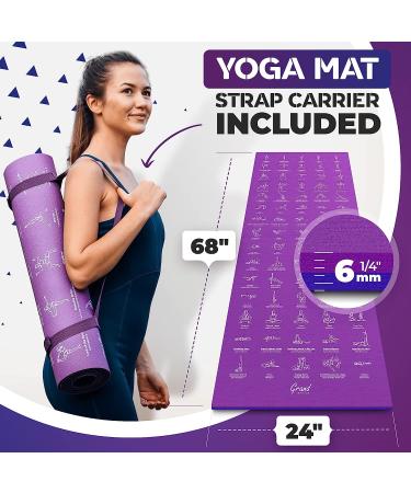 Yoga Mat with 75 Illustrated Poses & Stretches + Carrying Strap | Non-Slip Extra-Thick Mat for Men and Women | Beginner-Friendly | Blue/Purple (68 x 24) - Buy Online on SooperMarket.com