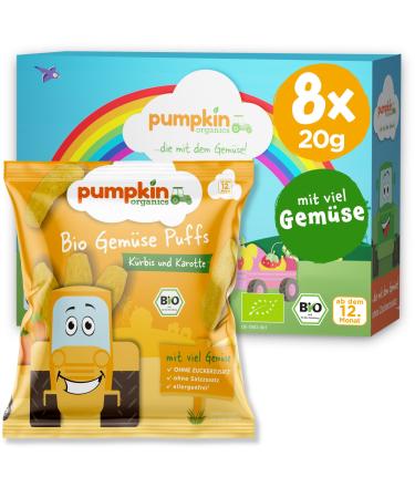 Pumpkin Organics Children's Naca Bio Vegetable Puffs Pumpkin and Carrot (8 Pack) Baby snacks without additives from the 12th month - allergen -free and gluten -free crispy snacks for children (8x20g) Bio vegetables Puffs with pumpkin & carrot
