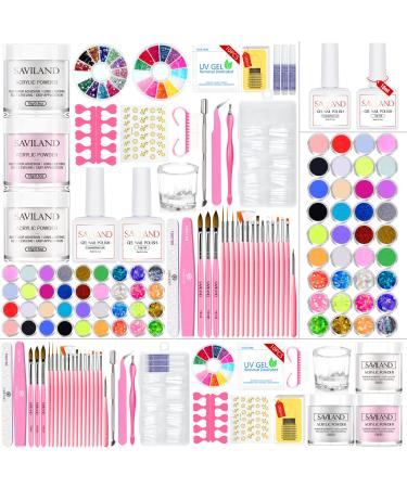 Saviland acrylic nail set: acrylic powder acrylic liquid for nail nail brush base & tops gel nail shape nail make nail starter set nail art set 02-acrylic set with base & tops gel