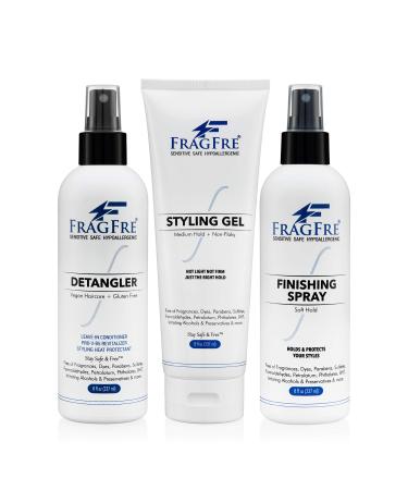 Hair Styling Set for Sensitive Skin 8 oz/ea (3-Pack Gift Set) - Detangler-Styling Gel-Finishing Spray - Fragrance Free Paraben Free Hypoallergenic - No Burning or Itching Hair Styling - Vegan