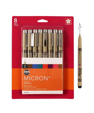 SAKURA Pigma Micron Fineliner Pens - Archival Black and Colored Ink Pens - Pens for Writing  Drawing  or Journaling - Black and Colored Ink - 05 Point Size - 8 Pack 05 Tip (Pack of 1)