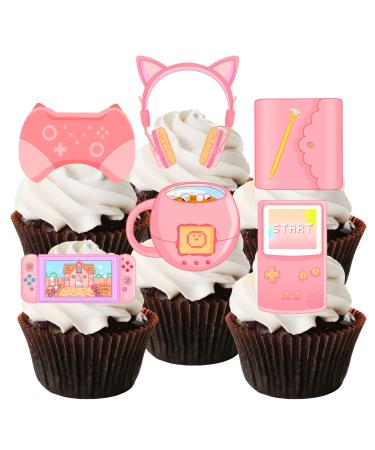 Gaming Cupcake Toppers Edible Gamer Girl Cake Decorations Edible Video Game Party Decorations Pink Gaming Controller Cake Toppers Cute Game Console Cupcake Toppers (Precut 24) 24 Precut