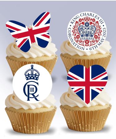 Anglesit 24 x Pre-Cut King Charles III Coronation & Union Jack Edible Wafer/Rice Paper Cupcake Cake Dessert Toppers Royal Party Birthday Decorations