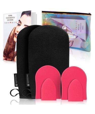 Ultimitt Double Self Tanning Applicator Mitts Set: Reusable Streak-Free Bronzing Sunless Tan Application Gloves. Indoor Fake Skin Bake Tan Microfiber Black Cloths with Holographic Bag