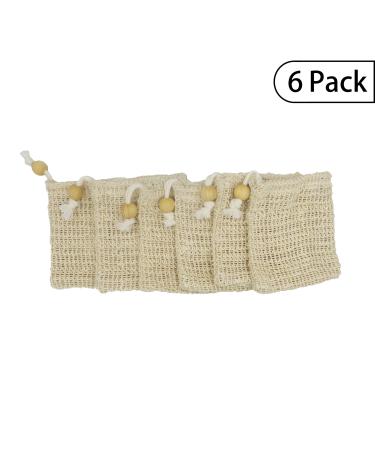 Bleu Bath (6 Pack) Exfoliating Loofah Pouch Sisal Ramie Soap Saver Bag in 100% Natural and Organic Luffa Loofa Scrubber with Drawstring and Wooden Bead Holder
