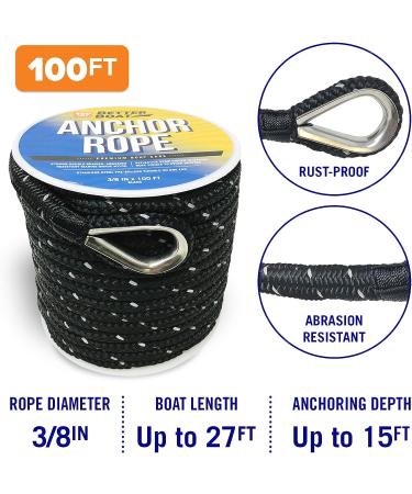 Premium 3/8 Inch Double Braided Boat Anchor Rope - 100 Ft Black Nylon Marine Line Reel for Anchors & Boats - Buy Online on SooperMarket.com