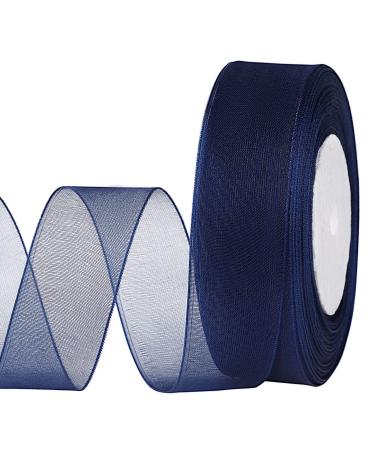 molshine 50 Yards x 1 Inch Shimmer Sheer Organza Ribbon Chiffon Fabric Ribbons for Bouquets Garland Bowknot Wedding Gift Wrapping Hair Crafts Decoration (Navy Blue)