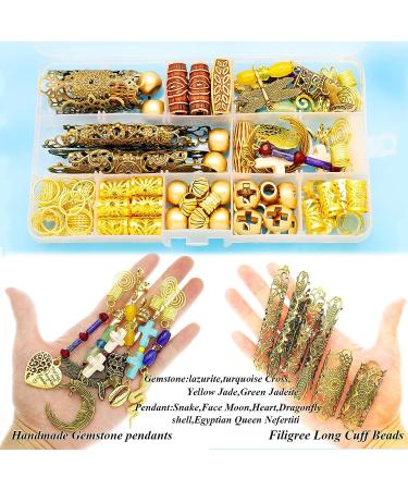 99Pcs Handmade Gemstone Hair Braids Dreadlock Accessories Set - Turquoise, Jade, Shell Pendants, Gold Filigree Cuffs | Beard Clips, Tube Beads for Locs & Extensions - Buy Online on SooperMarket.com