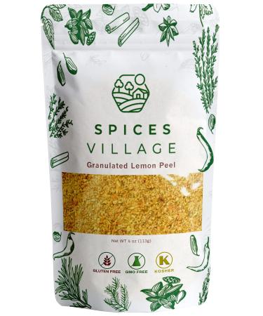 SPICES VILLAGE Dried Lemon Peel Granules (4 Oz) - Fresh Lemon Peel Zest and Rind, Citrus Fruit Seasoning for Cooking, Baking & Herb Tea - Kosher, Gluten Free, Non GMO, Resealable Bulk Bag