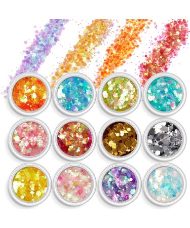 AOOWU Chunky Glitter 12 Colors 3D Nail Art Glitter Sequins for Nail Art Decoration Festival Nail Glitter Powder Holographic Cosmetic Glitter for Face Body Eye Hair Nail and DIY Art (02)