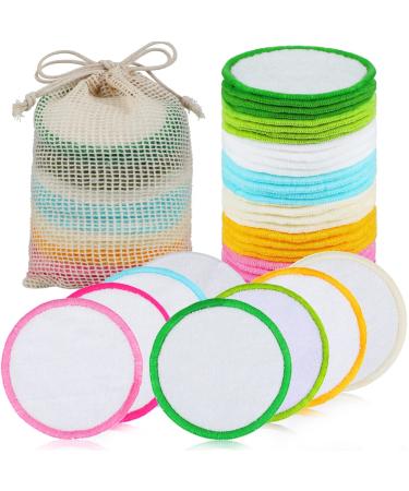 32 Pieces Reusable Cotton Rounds Soft Organic Makeup Remover Pads with Washable Drawstring Laundry Bag Washable Bamboo Face Pad Cleaning Pads Natural Bamboo Cotton Pad for All Skin Types 8Colors