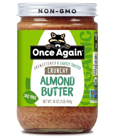 Once Again Organic Crunchy Almond Butter, 16oz - Lightly Toasted - Salt Free, Unsweetened - USDA Organic, Gluten Free Certified, Peanut Free, Vegan, Kosher, Paleo - Glass Jar