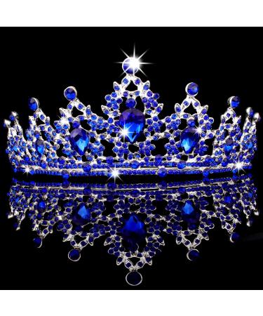 CAVETEE Blue Baroque Queen Crown for Women Birthday Tiara Luxurious Rhinestones Crown Wedding Bridal Crown Birthday Party Headbands Princess Party Prom Blue Tiaras and Crowns for Women Girls