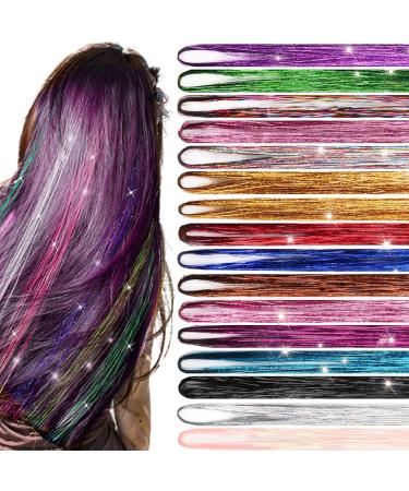 16 Colors Hair Tinsel Extensions Glitter Shiny Colorful Hair Tinsel Kit Straight Hair Extensions Party Cosplay Rainbow Synthetic Hair Extensions for Women Girls 37 Inches