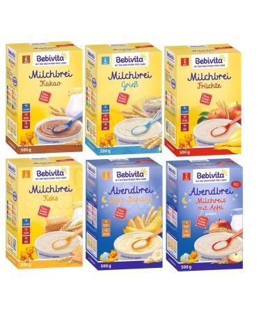 Bebivita Porridge Mix 6: Milk porridge semolina fruit biscuit cocoa rice pudding with apple and biscuit-banana 500g each