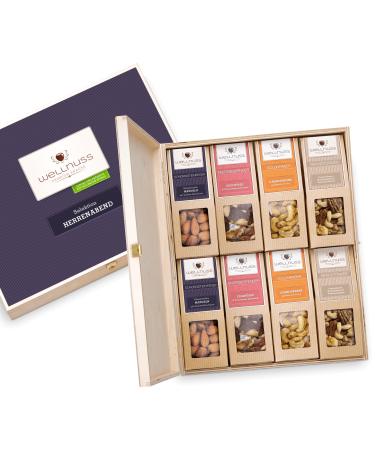Gift set "Men's evening" *** vegan *** with noble nuts |8 Premium snacks in the birch wood box |Gift for man friend father brother grandpa |Wellnut Premium Premium Best of Nuts (vegan) 8 snacks in the birch wood box