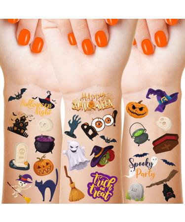 288 Pieces 48 Styles Halloween Temporary Ghost Pumpkin Spider Web Bat Witch Cat Happy Halloween Fake Trick or Treat Fake for Kids Halloween Night  18 Sheets