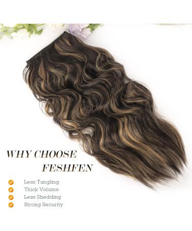 FESHFEN Invisible Wire Hair Extensions 20 Inch | Long Wavy Synthetic Hairpiece for Women | Brown Highlighted Caramel Blonde - Buy Online on SooperMarket.com