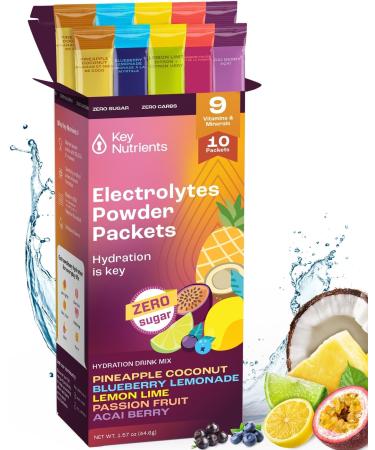 KEY NUTRIENTS Hydration Packets - 5 Delicious Flavors in Electrolytes Powder Packets No Sugar 10 Pack - No Calories Gluten Free Electrolytes Powder Packets Non GMO Made in USA Variety Pack 0.65 Ounce (Pack of 10)