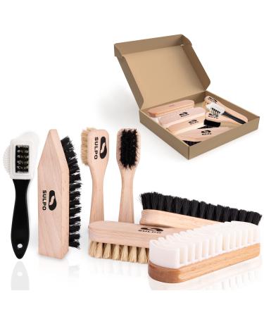 SULPO 7-Piece Shoe Polish Kit - Leather Cleaning Brushes - 2 Brushes Soft Bristles - 2 Polishing Brushes - 1 Dirt Brush - 1 Brush with Brass and Nylon Bristles - 1 Crepe Brush Nubuck Leather