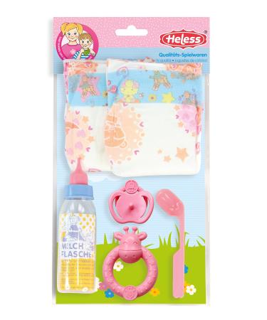 Heless 21019 - Accessory set for doll care 6 pieces with doll diapers milk bottle pacifier rattle and doll spoon